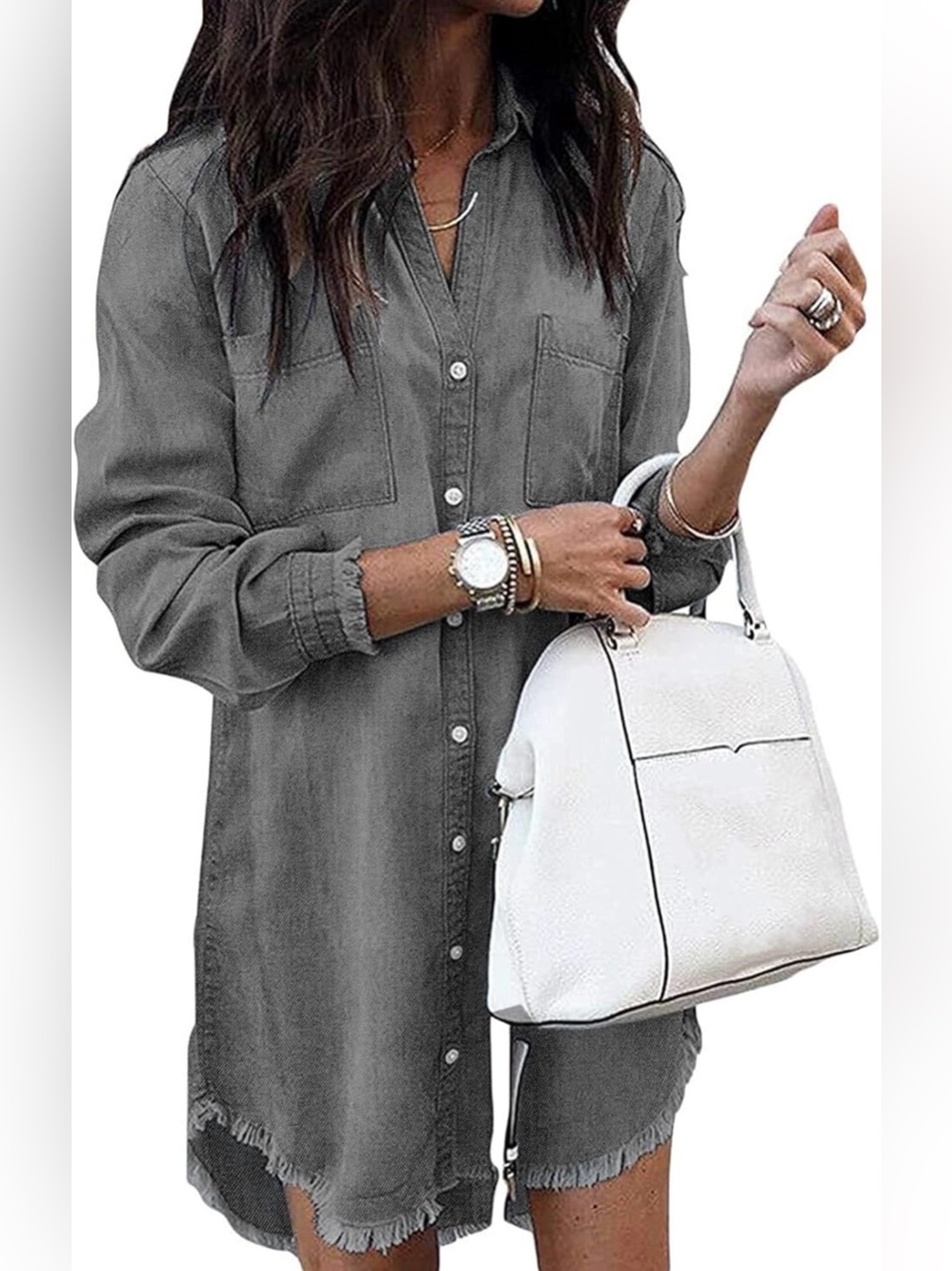 NWT Casual Gray Button-Front Mini Denim Shirt Dress, Medium